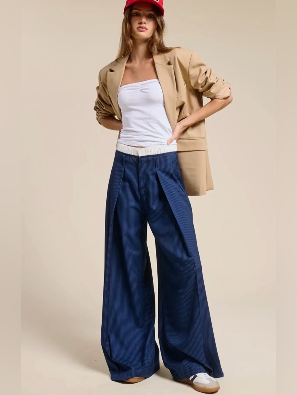 NWT Mimosa Blue Pinstripe Wide Leg Pants With Contrast Waistband - Picture 2 of 10